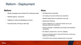 8
Reform - Deployment
• Deploy packages was handed off to hosting provider
• Release approx. once/mont
• Rollback of code and databases on errors
• Executed early morning or late nigh
• All deployments automated
• Can deploy at any time without any downtime
• Multiple deployments to production every day
• Deployment Pipelines
• Canary releasing (e.g. Customer Center can try out
features before the customers)
• Schema changes in databases are forward and backward
compatible
• No rollback, forward only - fix error, redeploy
• Continuous Deployment in Test and Pre-Prod, Continuous
Delivery in Production
• Full audit of who and when deployments is executed
Before: Now:
 