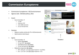 Commission Européenne
• Commission Européenne > DG Environnement
• Agence web : ESN (Bruxelles), 2015
• Avant
– Score EcoIndex : F
• 7,7 Mo
• 134 req. HTTP
• 1151 DOM elements
• 22 sec full load time
• Solution
– Réduire nombre articles de 75 à 10 (fonctionnel)
– Optimisations (technique)
• Après
– Score EcoIndex : C
• 650 Ko (11x moins)
• 57 req. HTTP (2x moins)
• 564 DOM elements (2x moins)
• 5,3 sec full load time (4x moins)
– Réduction empreinte (2x moins)
• GES : 0,81 g de - par page (page moyenne = 2 g CO2e)
• Eau : 1,21 cl de - par page (page moyenne = 3 cl)
75 stories !
 
