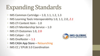 Expanding Standards
• IMS Common Cartridge – 1.0, 1.1, 1.2, 1.3
• IMS Learning Tools Interoperability 1.0, 1.1, 2.0, 2.1
• IMS LTI Content Item - 1.0
• IMS LTI Membership Service – 1.0
• IMS LTI Outcomes 1.0, 2.0
• IMS Caliper - 1.0
• IMS OneRoster – 1.1
• IMS CASA App Store – Relaunching
• IMS CC / EPUB 3.0 Coordination
 