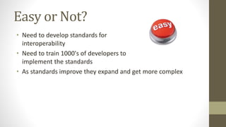Easy or Not?
• Need to develop standards for
interoperability
• Need to train 1000's of developers to
implement the standards
• As standards improve they expand and get more complex
 
