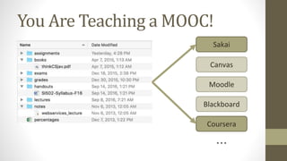You Are Teaching a MOOC!
Sakai
Canvas
Moodle
Blackboard
Coursera
…
 
