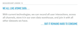 MEASURECAMP LONDON ‘16
WE ALL LIKE ATOMIC DATA…
With current technologies, we can record all user interactions, across
all channels, store it in our own data warehouse, and join it with all
other datasets we have.
… BUT IT REMAINS HARD TO CONSUME
 