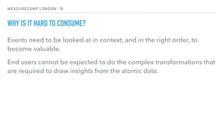 MEASURECAMP LONDON ‘16
WHY IS IT HARD TO CONSUME?
Events need to be looked at in context, and in the right order, to
become valuable.
End users cannot be expected to do the complex transformations that
are required to draw insights from the atomic data.
 