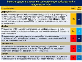Рекомендации по лечению сопутствующих заболеваний у
пациентов с ХСН
Рекомендации Класс
Уро-
вень
Дефицит железа
Использование карбоксимальтозы железа в/в должно быть рассмотрено у
симптомных пациентов с ХСНнФВ и дефицитом железа (железо сыворотки
<100 мкг/л или ферритин 100-299 мкг/л и насыщение трансферрна <20%) с
целью уменьшения симптомов ХСН и улучшения переносимости нагрузки и
качества жизни
IIa А
Диабет
У пациентов с ХСН и диабетомспользование метформина должно быть
рассмотрено как лечение первой линии и контроля за гликемией, если он не
противопоказан
IIa С
Использование тиазолидиндиона (глитазоны) не рекомендовано
у пациентов с ХСН и диабетом, так как это повышает риск ухудшения ХСН
и госпитализации из-за ХСН
III A
Апноэ во сне
Вспомогательная вентиляция не рекомендована у пациентов с ХСНнФВ
и преимущественно центральным апноэ во сне, так как это повышает
смертность от сердечно-сосудистых и любых причин
III В
Артриты
НПВС или СОХ-2 ингибиторы не рекомендованы у пациентов с ХСН, так как
они повышают риск ухудшения течения ХСН и госпитализации из-за ХСН
III В
 