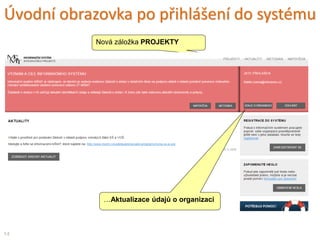 Úvodní obrazovka po přihlášení do systému
Nová záložka PROJEKTY
14
…Aktualizace údajů o organizaci
Aktuálně přihlášený uživatel
 