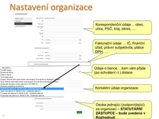 Nastavení organizace
17
Korespondenční údaje… obec,
ulice, PSČ, kraj, okres, …
Údaje o bance… kam vám přijde
(po schválení:-) ) dotace
Kontaktní údaje organizace
Osoba jednající (zodpovídající)
za organizaci – STATUTÁRNÍ
ZÁSTUPCE – bude uvedena v
Rozhodnutí
Fakturační údaje … IČ, finanční
úřad, právní subjektivita, plátce
DPH, …
 