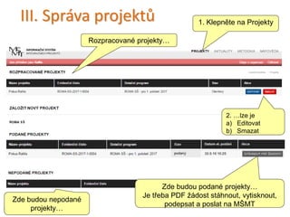 Založeníprojektu
20
1. Založíme žádost
2. Zadejte název projektu
3. Kliknutím na tlačítko „Založit nový
projekt“ vznikne v systému nový projekt
a můžete editovat jeho obsah
 