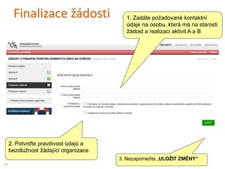 Náhled projektu v průběhu psaní
28
Souhrnně se zobrazí
všechny položky žádosti v
podobě, ve které bude po
kompletaci všech
povinných položek projekt
uzavřen a převeden do
PDF formátu.
Nejedná se o finální
žádost, ale POUZE o
náhled!!!
 