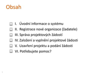 Obsah
I. Úvodní informace o systému
II. Registrace nové organizace (žadatele)
III. Správa projektových žádostí
IV. Založení a vyplnění projektové žádosti
V. Uzavření projektu a podání žádosti
VI. Potřebujete pomoc?
3
 