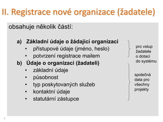 II. Registrace nové organizace (žadatele)
obsahuje několik částí:
a) Základní údaje o žádající organizaci
• přístupové údaje (jméno, heslo)
• potvrzení registrace mailem
b) Údaje o organizaci (žadateli)
• základní údaje
• působnost
• typ poskytovaných služeb
• kontaktní údaje
• statutární zástupce
8
pro vstup
žadatele
o dotaci
do systému
společná
data pro
všechny
projekty
 