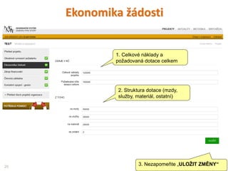 Ekonomika žádosti
26
3. Nezapomeňte „ULOŽIT ZMĚNY“
1. Celkové náklady a
požadovaná dotace celkem
2. Struktura dotace (mzdy,
služby, materiál, ostatní)
 