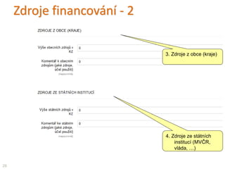 Zdroje financování - 2
28
3. Zdroje z obce (kraje)
4. Zdroje ze státních
institucí (MVČR,
vláda, …)
 