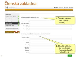 Členská základna
29
1. Členská základna
(děti, mládež,
dospělí)
2. Členská základna
dle působnosti
(sportovci, trenéři,
rozhodčí, …)
 