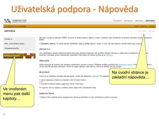 Uživatelská podpora - Nápověda
36
Na úvodní stránce je
základní nápověda…
Ve vnořeném
menu pak další
kapitoly…
 