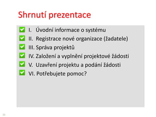 Shrnutí prezentace
I. Úvodní informace o systému
II. Registrace nové organizace (žadatele)
III. Správa projektů
IV. Založení a vyplnění projektové žádosti
V. Uzavření projektu a podání žádosti
VI. Potřebujete pomoc?
39
 