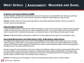 10
| ASSESSMENT:
Al Qaeda in the Islamic Maghreb (AQIM)
Tunisian, Algerian, and Moroccan security forces continued to crack down on potential ISIS cells. Moroccan authorities
disrupted an all-female ISIS cell, some of whose members are related to militants fighting in Iraq and Syria.
Outlook: Familial networks and returning foreign fighters may facilitate Salafi-jihadi attacks in Morocco, despite the
country’s strong security apparatus.
Uqba ibn Nafa’a (Tunisia)
Tunisia and Algeria remain on high alert for militants attempting to cross over the Libyan border. Algerian forces interdicted
multiple convoys and arms caches near the Libyan and Nigerien borders. The Tunisian military has conducted almost 40
raids in the past month in Kasserine Governorate, a rumored safe haven for ISIS militants formerly based in Libya.
Outlook: Salafi-jihadi militants will attempt to infiltrate the Tunisian-Algerian border region from southwestern Libya.
Associated Movements in the Sahel (Ansar al Din, al Murabitoun, Boko Haram)
The collapse of the Algiers peace accord, which ended hostilities in northern Mali in 2015, raises concerns for renewed
conflict throughout northern Mali. Local support is growing for GATIA, a pro-government militia coalition that is currently
inciting conflict between Algiers signatories. Defections from within a former separatist coalition, which also participated in
the Algiers accord, may also exacerbate tensions.
Secular insurgencies and humanitarian crises may undermine the Nigerian military’s recent successes against Boko Haram
in northern Nigeria. A Fulani herdsman insurgency is challenging the state in Nigeria’s Middle Belt, and the Niger Delta
Avengers group is targeting hydrocarbon infrastructure in the south. The Nigerian government is ill-equipped to manage
famine, drought, and other crises in formerly Boko Haram-held terrain.
Outlook: The Nigerian army will struggle to maintain its advances against Boko Haram in northern Nigeria.
WEST AFRICA MAGHREB AND SAHEL
 