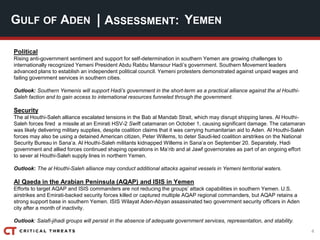 4
| ASSESSMENT:
Political
Rising anti-government sentiment and support for self-determination in southern Yemen are growing challenges to
internationally recognized Yemeni President Abdu Rabbu Mansour Hadi’s government. Southern Movement leaders
advanced plans to establish an independent political council. Yemeni protesters demonstrated against unpaid wages and
failing government services in southern cities.
Outlook: Southern Yemenis will support Hadi’s government in the short-term as a practical alliance against the al Houthi-
Saleh faction and to gain access to international resources funneled through the government.
Security
The al Houthi-Saleh alliance escalated tensions in the Bab al Mandab Strait, which may disrupt shipping lanes. Al Houthi-
Saleh forces fired a missile at an Emirati HSV-2 Swift catamaran on October 1, causing significant damage. The catamaran
was likely delivering military supplies, despite coalition claims that it was carrying humanitarian aid to Aden. Al Houthi-Saleh
forces may also be using a detained American citizen, Peter Willems, to deter Saudi-led coalition airstrikes on the National
Security Bureau in Sana’a. Al Houthi-Saleh militants kidnapped Willems in Sana’a on September 20. Separately, Hadi
government and allied forces continued shaping operations in Ma’rib and al Jawf governorates as part of an ongoing effort
to sever al Houthi-Saleh supply lines in northern Yemen.
Outlook: The al Houthi-Saleh alliance may conduct additional attacks against vessels in Yemeni territorial waters.
Al Qaeda in the Arabian Peninsula (AQAP) and ISIS in Yemen
Efforts to target AQAP and ISIS commanders are not reducing the groups’ attack capabilities in southern Yemen. U.S.
airstrikes and Emirati-backed security forces killed or captured multiple AQAP regional commanders, but AQAP retains a
strong support base in southern Yemen. ISIS Wilayat Aden-Abyan assassinated two government security officers in Aden
city after a month of inactivity.
Outlook: Salafi-jihadi groups will persist in the absence of adequate government services, representation, and stability.
GULF OF ADEN YEMEN
 