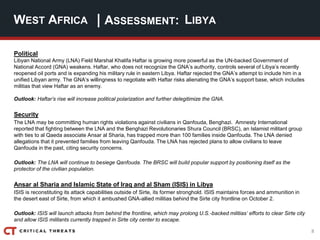 8
| ASSESSMENT:
Political
Libyan National Army (LNA) Field Marshal Khalifa Haftar is growing more powerful as the UN-backed Government of
National Accord (GNA) weakens. Haftar, who does not recognize the GNA’s authority, controls several of Libya’s recently
reopened oil ports and is expanding his military rule in eastern Libya. Haftar rejected the GNA’s attempt to include him in a
unified Libyan army. The GNA’s willingness to negotiate with Haftar risks alienating the GNA’s support base, which includes
militias that view Haftar as an enemy.
Outlook: Haftar’s rise will increase political polarization and further delegitimize the GNA.
Security
The LNA may be committing human rights violations against civilians in Qanfouda, Benghazi. Amnesty International
reported that fighting between the LNA and the Benghazi Revolutionaries Shura Council (BRSC), an Islamist militant group
with ties to al Qaeda associate Ansar al Sharia, has trapped more than 100 families inside Qanfouda. The LNA denied
allegations that it prevented families from leaving Qanfouda. The LNA has rejected plans to allow civilians to leave
Qanfouda in the past, citing security concerns.
Outlook: The LNA will continue to besiege Qanfouda. The BRSC will build popular support by positioning itself as the
protector of the civilian population.
Ansar al Sharia and Islamic State of Iraq and al Sham (ISIS) in Libya
ISIS is reconstituting its attack capabilities outside of Sirte, its former stronghold. ISIS maintains forces and ammunition in
the desert east of Sirte, from which it ambushed GNA-allied militias behind the Sirte city frontline on October 2.
Outlook: ISIS will launch attacks from behind the frontline, which may prolong U.S.-backed militias’ efforts to clear Sirte city
and allow ISIS militants currently trapped in Sirte city center to escape.
WEST AFRICA LIBYA
 