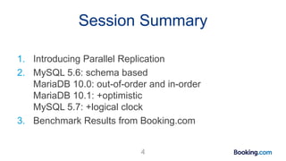 Session Summary
1. Introducing Parallel Replication
2. MySQL 5.6: schema based
MariaDB 10.0: out-of-order and in-order
MariaDB 10.1: +optimistic
MySQL 5.7: +logical clock
3. Benchmark Results from Booking.com
4
 