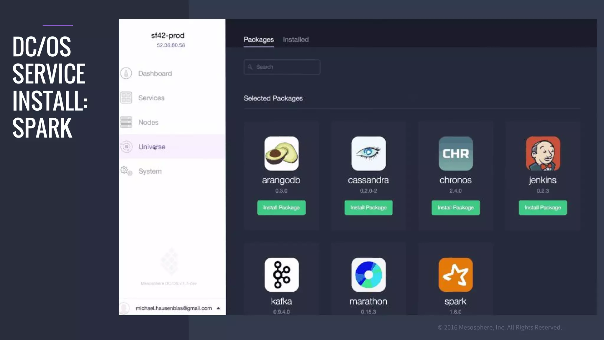 © 2016 Mesosphere, Inc. All Rights Reserved.
DC/OS
SERVICE
INSTALL:
SPARK
 