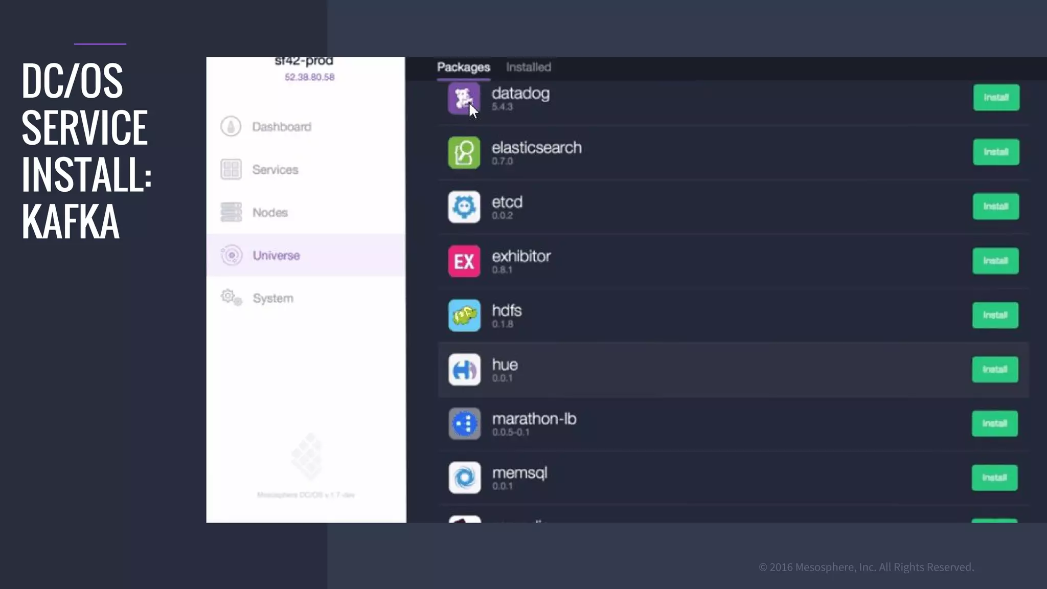 © 2016 Mesosphere, Inc. All Rights Reserved.
DC/OS
SERVICE
INSTALL:
KAFKA
 