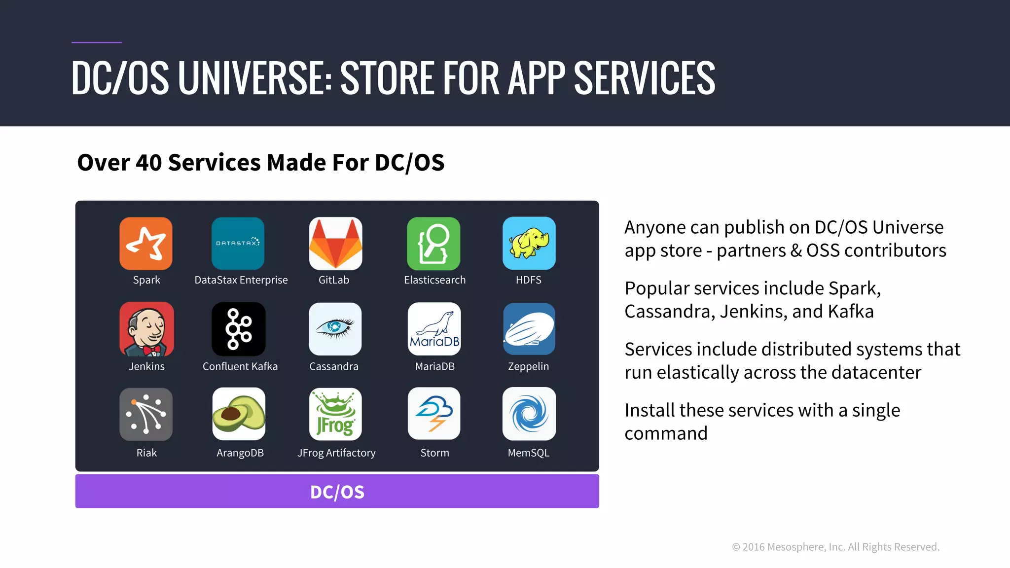 © 2016 Mesosphere, Inc. All Rights Reserved.
DC/OS UNIVERSE: STORE FOR APP SERVICES
DC/OS
Anyone can publish on DC/OS Universe
app store - partners & OSS contributors
Popular services include Spark,
Cassandra, Jenkins, and Kafka
Services include distributed systems that
run elastically across the datacenter
Install these services with a single
command
Spark
Jenkins
Riak
DataStax Enterprise
Confluent Kafka
ArangoDB
GitLab
Cassandra
JFrog Artifactory
Elasticsearch
MariaDB
Storm
HDFS
Zeppelin
MemSQL
Over 40 Services Made For DC/OS
 