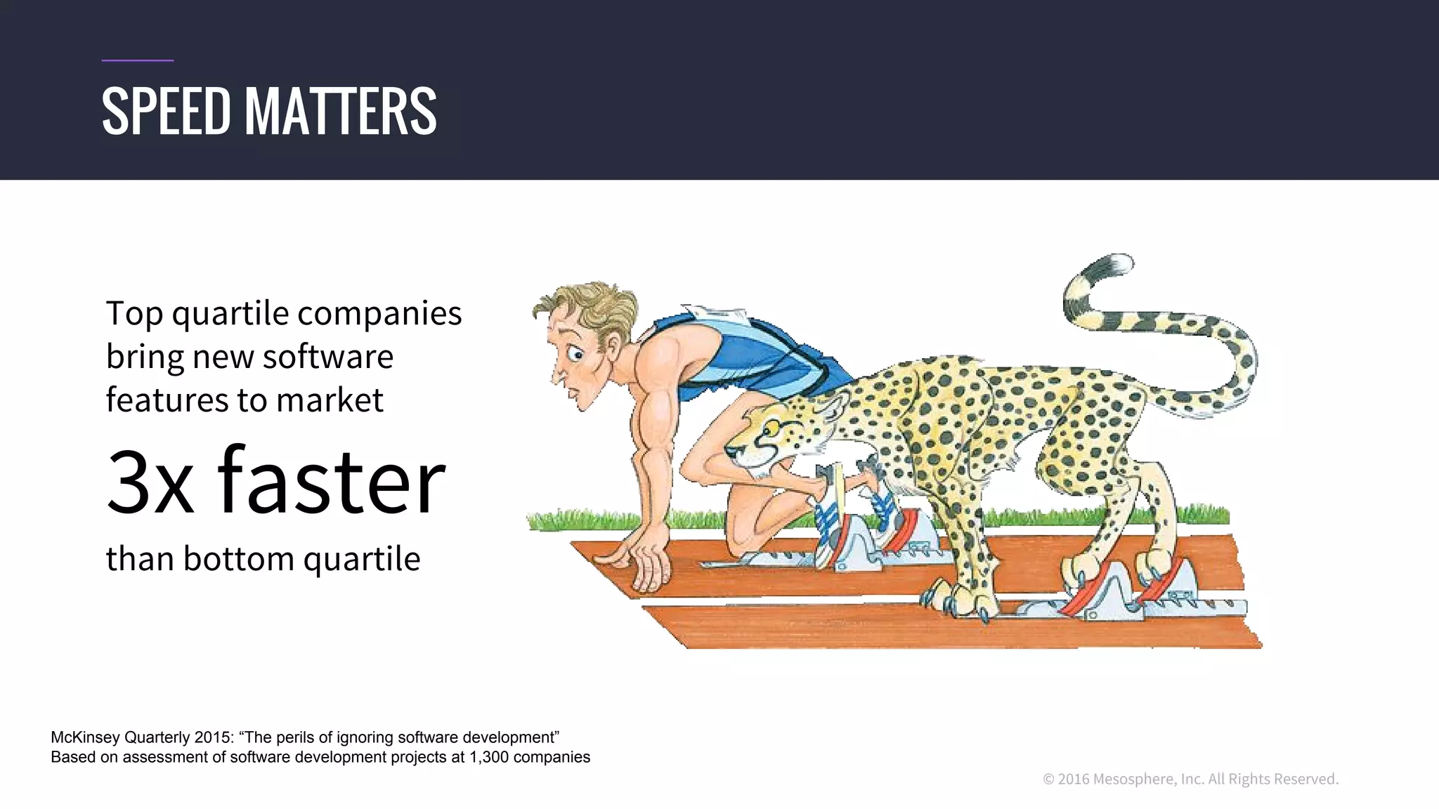 © 2016 Mesosphere, Inc. All Rights Reserved.
SPEED MATTERS
McKinsey Quarterly 2015: “The perils of ignoring software development”
Based on assessment of software development projects at 1,300 companies
Top quartile companies
bring new software
features to market
3x faster
than bottom quartile
 
