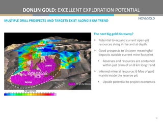 MULTIPLE DRILL PROSPECTS AND TARGETS EXIST ALONG 8 KM TREND
DONLIN GOLD: EXCELLENT EXPLORATION POTENTIAL
14
The next big gold discovery?
> Potential to expand current open-pit
resources along strike and at depth
> Good prospects to discover meaningful
deposits outside current mine footprint
• Reserves and resources are contained
within just 3 km of an 8 km long trend
> Inferred mineral resource: 6 Moz of gold
mainly inside the reserve pit
• Upside potential to project economics
 