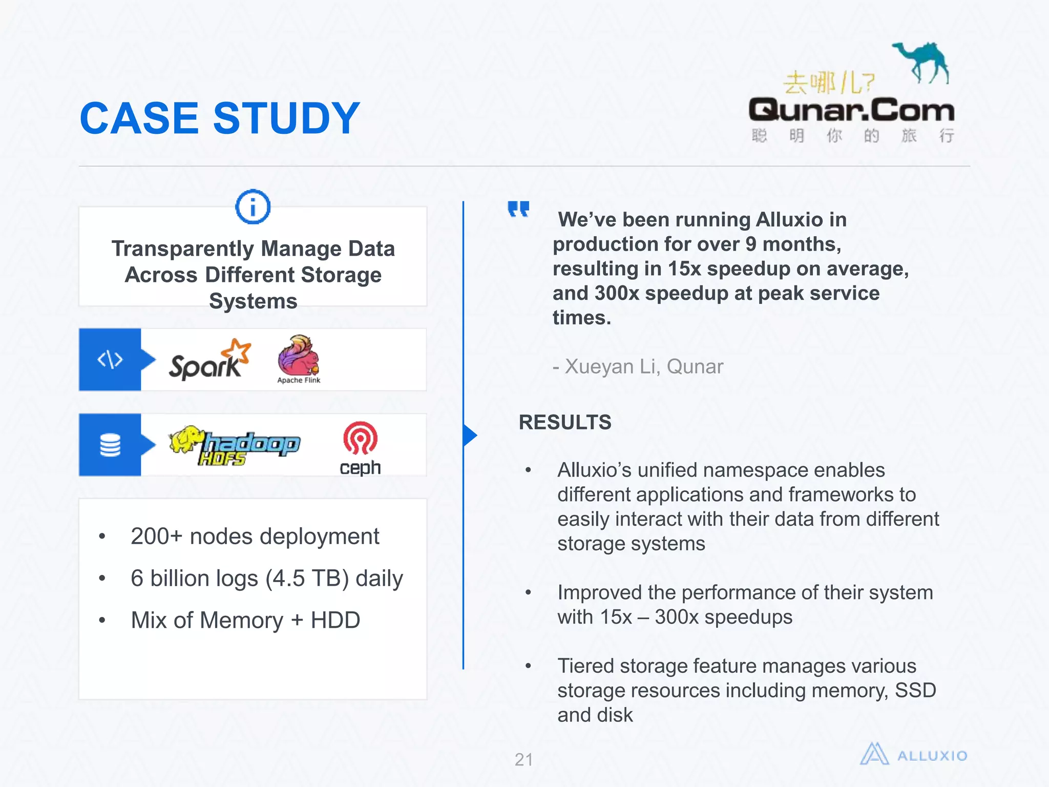 21
CASE STUDY
We’ve been running Alluxio in production
for over 9 months, resulting in 15x
speedup on average, and 300x speedup at
peak service times.
- Xueyan Li, Qunar
RESULTS
• Alluxio’s unified namespace enables different
applications and frameworks to easily interact
with their data from different storage systems
• Improved the performance of their system
with 15x – 300x speedups
• Tiered storage feature manages various
storage resources including memory, SSD and
disk
Transparently Manage Data
Across Different Storage
Systems
• 200+ nodes deployment
• 6 billion logs (4.5 TB) daily
• Mix of Memory + HDD
 