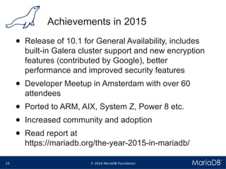 © 2016 MariaDB Foundation10
* *
Achievements in 2015
● Release of 10.1 for General Availability, includes
built-in Galera cluster support and new encryption
features (contributed by Google), better
performance and improved security features
● Developer Meetup in Amsterdam with over 60
attendees
● Ported to ARM, AIX, System Z, Power 8 etc.
● Increased community and adoption
● Read report at
https://mariadb.org/the-year-2015-in-mariadb/
 