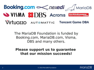 © 2016 MariaDB Foundation2
* *
The MariaDB Foundation is funded by
Booking.com, MariaDB.com, Visma,
DBS and many others.
Please support us to guarantee
that our mission succeeds!
 