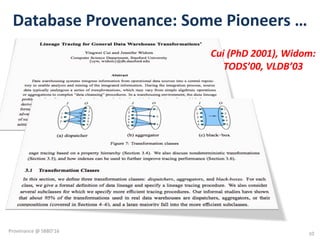 Database	Provenance:	Some	Pioneers	…
Cui	(PhD	2001),	Widom:
TODS’00,	VLDB’03
10
Provenance	@	SBBD'16
 