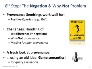 8th Stop:	The	Negation &	Why-Not	Problem
• Provenance	Semirings work	well	for:
– Positive Queries	(e.g.,	RA+	)
• Challenges:	Handling	of	
– set	difference (~	negation)
– Why-Not provenance
– Missing	Answer	provenance		
• A	fresh	look	at	provenance!
• …	using	an	old	idea:	Game	semantics!
– for	query	evaluation
20
Provenance	@	SBBD'16
 