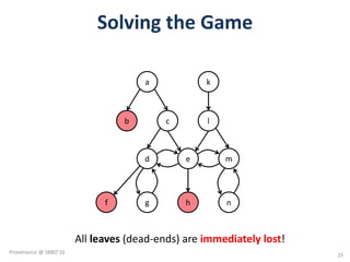 Solving	the	Game
a k
b c l
d e m
g h nf
All	leaves (dead-ends)	are	immediately lost!
25
Provenance	@	SBBD'16
 