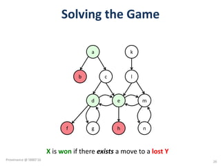 Solving	the	Game
a k
b c l
d e m
g h nf
X is	won if	there	exists a	move	to	a	lost	Y
26
Provenance	@	SBBD'16
 