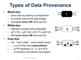 Types of Data Provenance
• Black-box
– know (next to) nothing at compile-time
– at runtime: keep some data lineage
– most prov sensu WF work use this
• White-box
– statically (compile-time) analyzable
– q(Y1,Y2) :- p(X1,X2), r(X1,Y1), s(X2,Y2)
– Most prov sensu DB work use this
• Grey-box
– can “look inside” (some black boxes)
– … e.g. b/c they have subworkflows
– … or FP signatures: A :: t1, t2à t3,t4
– … or semantic annotations (sem.types)
f
A
q
t1
t2
t3
t4
X1
X2
Y1
Y2
Provenance	@	SBBD'16
3
 