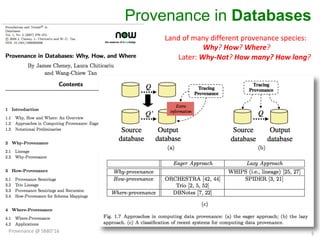 Provenance in Databases
5
Land	of	many	different	provenance	species:	
Why?	How?	Where?
Later:	Why-Not?	How	many?	How	long?
Provenance	@	SBBD'16
 
