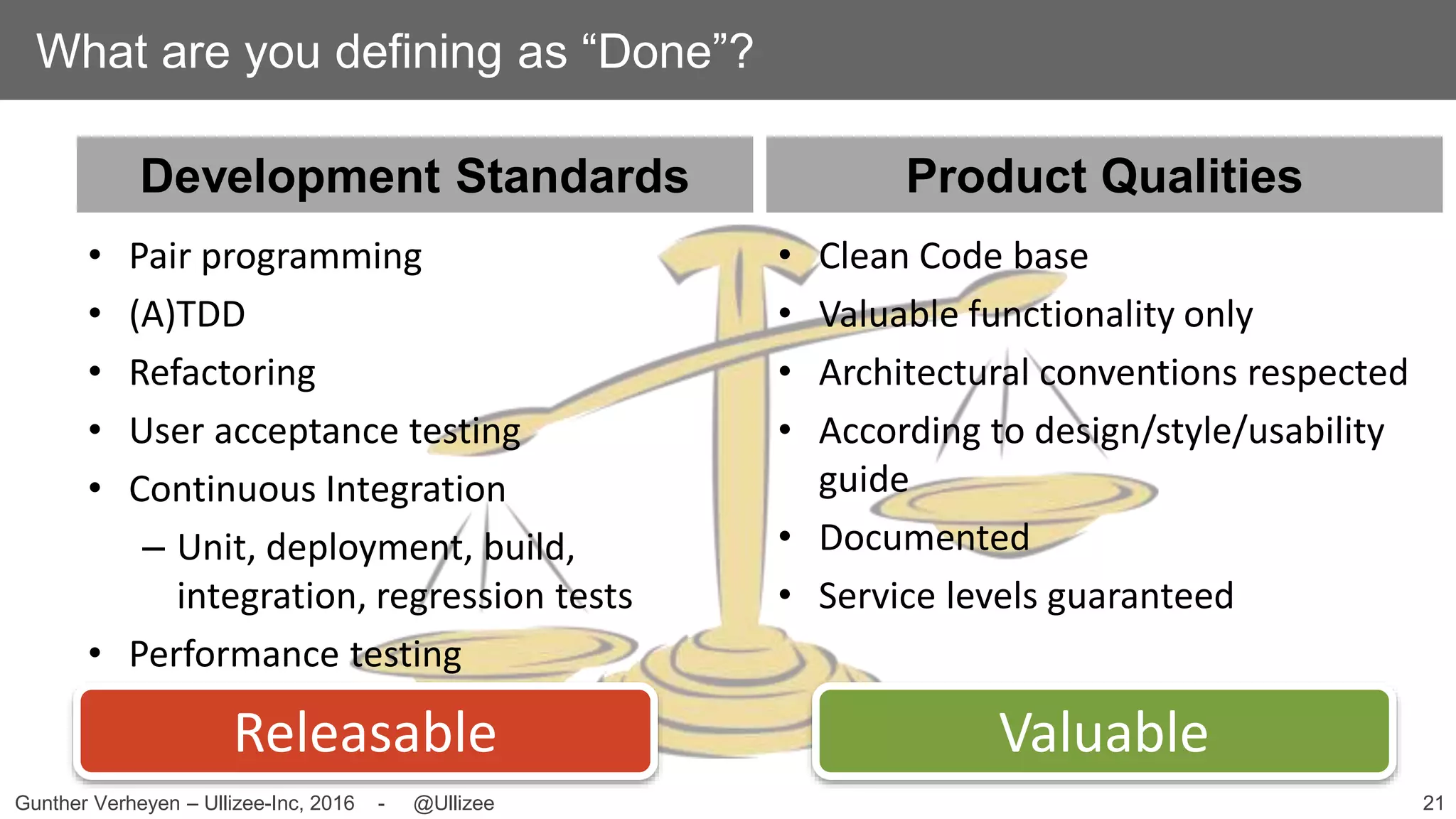 21Gunther Verheyen – Ullizee-Inc, 2016 - @Ullizee
Development Standards Product Qualities
What are you defining as “Done”?
• Pair programming
• (A)TDD
• Refactoring
• User acceptance testing
• Continuous Integration
– Unit, deployment, build,
integration, regression tests
• Performance testing
• Clean Code base
• Valuable functionality only
• Architectural conventions respected
• According to design/style/usability
guide
• Documented
• Service levels guaranteed
Releasable Valuable
 