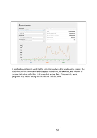 If	a	collection/dataset	is	used	via	the	collection	analyzer,	the	functionality	enables	the	
automatic	visualization	of	different	aspects	in	the	data,	for	example,	the	amount	of	
missing	dates	in	a	collection,	or	the	possible	wrong	dates	(for	example,	some	
programs	may	have	a	wrong	broadcast	date	such	as	2050)
13
 