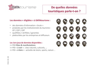 ©Rn2D–DGE–2016 De quelles données
touristiques parle-t-on ?
Les données « éligibles » à DATAtourisme :
• des données d’information « brute »
• produites par les institutionnels du tourisme :
OT / CDT / CRT
• qualifiées / vérifiées / garanties
• plebiscitées par les entreprises et diffuseurs
Les 1ers jeux de données disponibles :
>> POI Fêtes & manifestations
>> POI « à voir » : sites naturels, culturels, …
>> POI « à faire » : activités de loisirs, sports, nature …
©Rn2D–DGE–2016
 