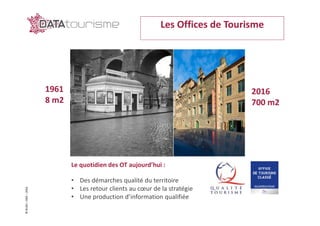 ©Rn2D–DGE–2016
1961
8 m2
Le quotidien des OT aujourd’hui :
• Des démarches qualité du territoire
• Les retour clients au cœur de la stratégie
• Une production d’information qualifiée
Les Offices de Tourisme
2016
700 m2
 
