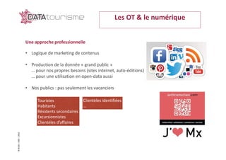 ©Rn2D–DGE–2016
Touristes
Habitants
Résidents secondaires
Excursionnistes
Clientèles d’affaires
Touristes
Habitants
Résidents secondaires
Excursionnistes
Clientèles d’affaires
Clientèles identifiées
…
Clientèles identifiées
…
Les OT & le numérique
Une approche professionnelle
• Logique de marketing de contenus
• Production de la donnée « grand public »
… pour nos propres besoins (sites internet, auto-éditions)
… pour une utilisation en open-data aussi
• Nos publics : pas seulement les vacanciers
 
