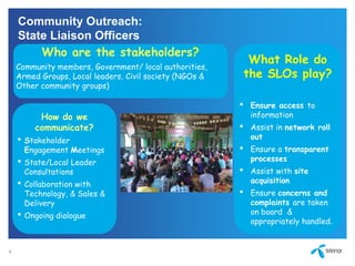 Community Outreach:
State Liaison Officers
4
Who are the stakeholders?
Community members, Government/ local authorities,
Armed Groups, Local leaders, Civil society (NGOs &
Other community groups)
What Role do
the SLOs play?
• Ensure access to
information
• Assist in network roll
out
• Ensure a transparent
processes
• Assist with site
acquisition
• Ensure concerns and
complaints are taken
on board &
appropriately handled.
How do we
communicate?
• Stakeholder
Engagement Meetings
• State/Local Leader
Consultations
• Collaboration with
Technology, & Sales &
Delivery
• Ongoing dialogue
 