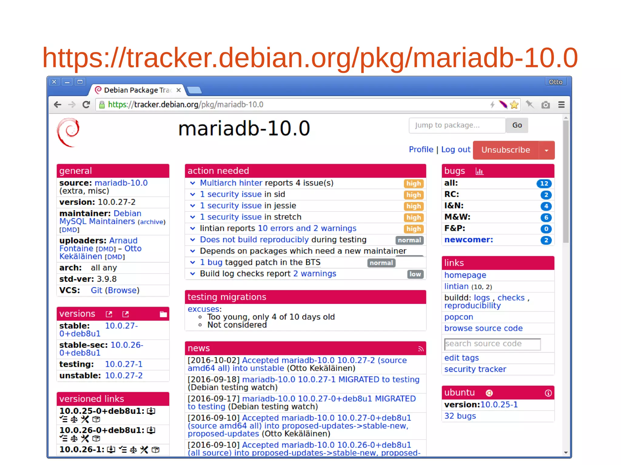 https://tracker.debian.org/pkg/mariadb-10.0