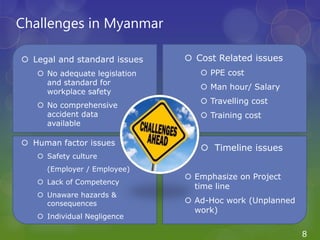 Challenges in Myanmar
8
 Human factor issues
 Safety culture
(Employer / Employee)
 Lack of Competency
 Unaware hazard...