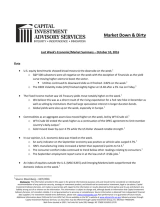 Disclosures: The information provided in this paper is for general informational purposes only and should not be considered an individualized
recommendation of any particular security, strategy or investment product, and should not be construed as investment, legal or tax advice. Capital
Investment Advisory Services, LLC makes no warranties with regard to the information or results obtained by third parties and its use and disclaim any
liability arising out of or reliance on the information. This information is subject to change and, although based on information that Capital Investment
Advisory Services, LLC considers reliable, it is not guaranteed as to accuracy or completeness. Source information is obtained from independent financial
data suppliers. For investment related terms definitions, please visit: www.investopedia.com Past performance is no guarantee of future results.
Additional information about CIAS and its Form ADV Part 2A are available on the SEC’s website at www.adviserinfo.sec.gov Advisory services through
Capital Investment Advisory Services, LLC Securities may be offered through Capital Investment Group, Inc. Member FINRA/SIPC
Both firms located at 100 E. Six Forks Rd. Suite 200, Raleigh, NC 27609 919-8931-2370
Market Down & Dirty
Last Week’s Economic/Market Summary – October 10, 2016
Data
 U.S. equity benchmarks showed broad moves to the downside on the week.1
o S&P 500 subsectors were all negative on the week with the exception of Financials as the yield
curve moving higher seems to boost the sector.
 Utilities continued its downward slide as it finished -3.82% on the week.1
o The CBOE Volatility Index (VIX) finished slightly higher at 13.48 after a 5% rise on Friday.1
 The Fixed Income market saw US Treasury yields move notably higher on the week.1
o We believe this was as a direct result of the rising expectation for a Fed rate hike in December as
well as selling by institutions that had large speculative interest in longer duration bonds.
o Global yields were also up on the week, especially in Europe.1
 Commodities as an aggregate asset class moved higher on the week, led by WTI Crude oil.1
o WTI Crude Oil ended the week higher as a continuation of the OPEC agreement to limit member
country’s daily output.1
o Gold moved lower by over 4.7% while the US Dollar showed notable strength.1
 In our opinion, U.S. economic data was mixed on the week.
o An early indicator on the September economy was positive as vehicle sales surged 4.7%.1
o ISM’s manufacturing index increased a better than expected 2 points to 51.5.1
o The consumer comfort index continued to trend below other readings relating to consumers.1
o The September employment report came in at the low end of +156k jobs.1
 An index of equities outside the U.S. (MSCI EAFE) and Emerging Markets both outperformed the
domestic indices on the week.1
1
Source: Bloomberg – 10/7/2016
 