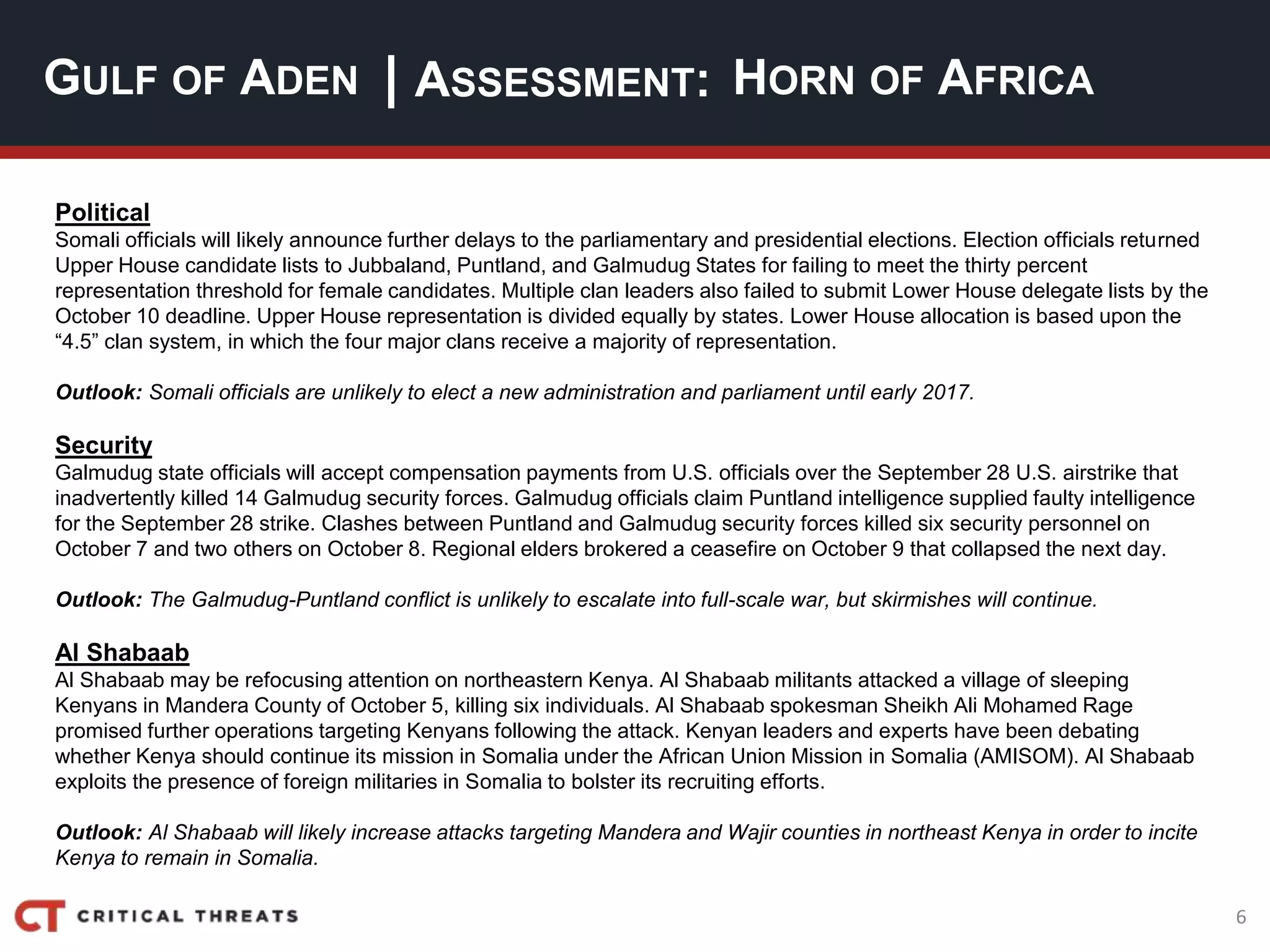 6
| ASSESSMENT:
Political
Somali officials will likely announce further delays to the parliamentary and presidential elections. Election officials returned
Upper House candidate lists to Jubbaland, Puntland, and Galmudug States for failing to meet the thirty percent
representation threshold for female candidates. Multiple clan leaders also failed to submit Lower House delegate lists by the
October 10 deadline. Upper House representation is divided equally by states. Lower House allocation is based upon the
“4.5” clan system, in which the four major clans receive a majority of representation.
Outlook: Somali officials are unlikely to elect a new administration and parliament until early 2017.
Security
Galmudug state officials will accept compensation payments from U.S. officials over the September 28 U.S. airstrike that
inadvertently killed 14 Galmudug security forces. Galmudug officials claim Puntland intelligence supplied faulty intelligence
for the September 28 strike. Clashes between Puntland and Galmudug security forces killed six security personnel on
October 7 and two others on October 8. Regional elders brokered a ceasefire on October 9 that collapsed the next day.
Outlook: The Galmudug-Puntland conflict is unlikely to escalate into full-scale war, but skirmishes will continue.
Al Shabaab
Al Shabaab may be refocusing attention on northeastern Kenya. Al Shabaab militants attacked a village of sleeping
Kenyans in Mandera County of October 5, killing six individuals. Al Shabaab spokesman Sheikh Ali Mohamed Rage
promised further operations targeting Kenyans following the attack. Kenyan leaders and experts have been debating
whether Kenya should continue its mission in Somalia under the African Union Mission in Somalia (AMISOM). Al Shabaab
exploits the presence of foreign militaries in Somalia to bolster its recruiting efforts.
Outlook: Al Shabaab will likely increase attacks targeting Mandera and Wajir counties in northeast Kenya in order to incite
Kenya to remain in Somalia.
GULF OF ADEN HORN OF AFRICA
 