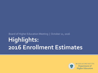 Highlights:
2016 Enrollment Estimates
Board of Higher Education Meeting | October 11, 2016
 