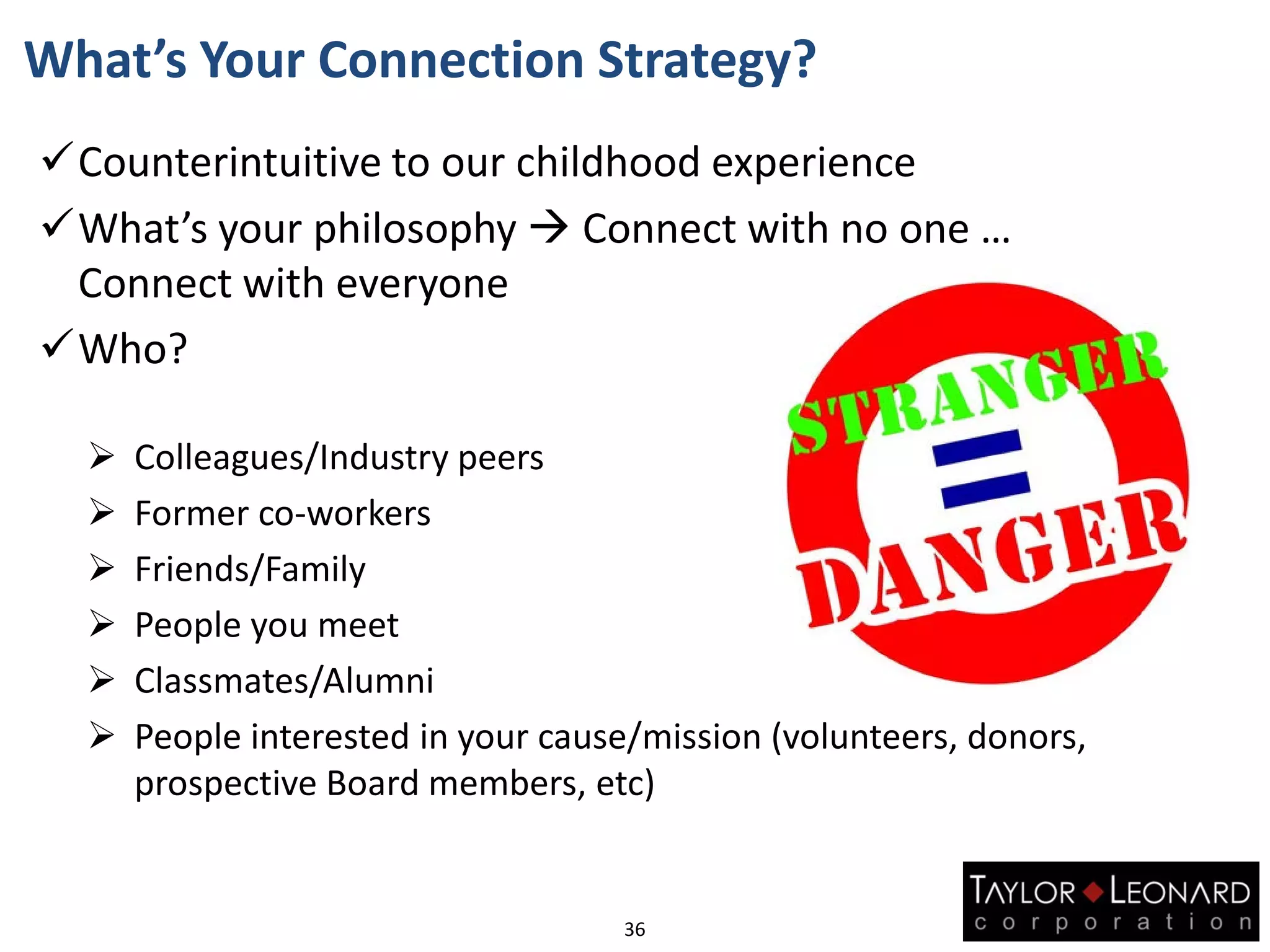 What’s Your Connection Strategy?
Counterintuitive to our childhood experience
What’s your philosophy  Connect with no one …
Connect with everyone
Who?
 Colleagues/Industry peers
 Former co-workers
 Friends/Family
 People you meet
 Classmates/Alumni
 People interested in your cause/mission (volunteers, donors,
prospective Board members, etc)
36
 