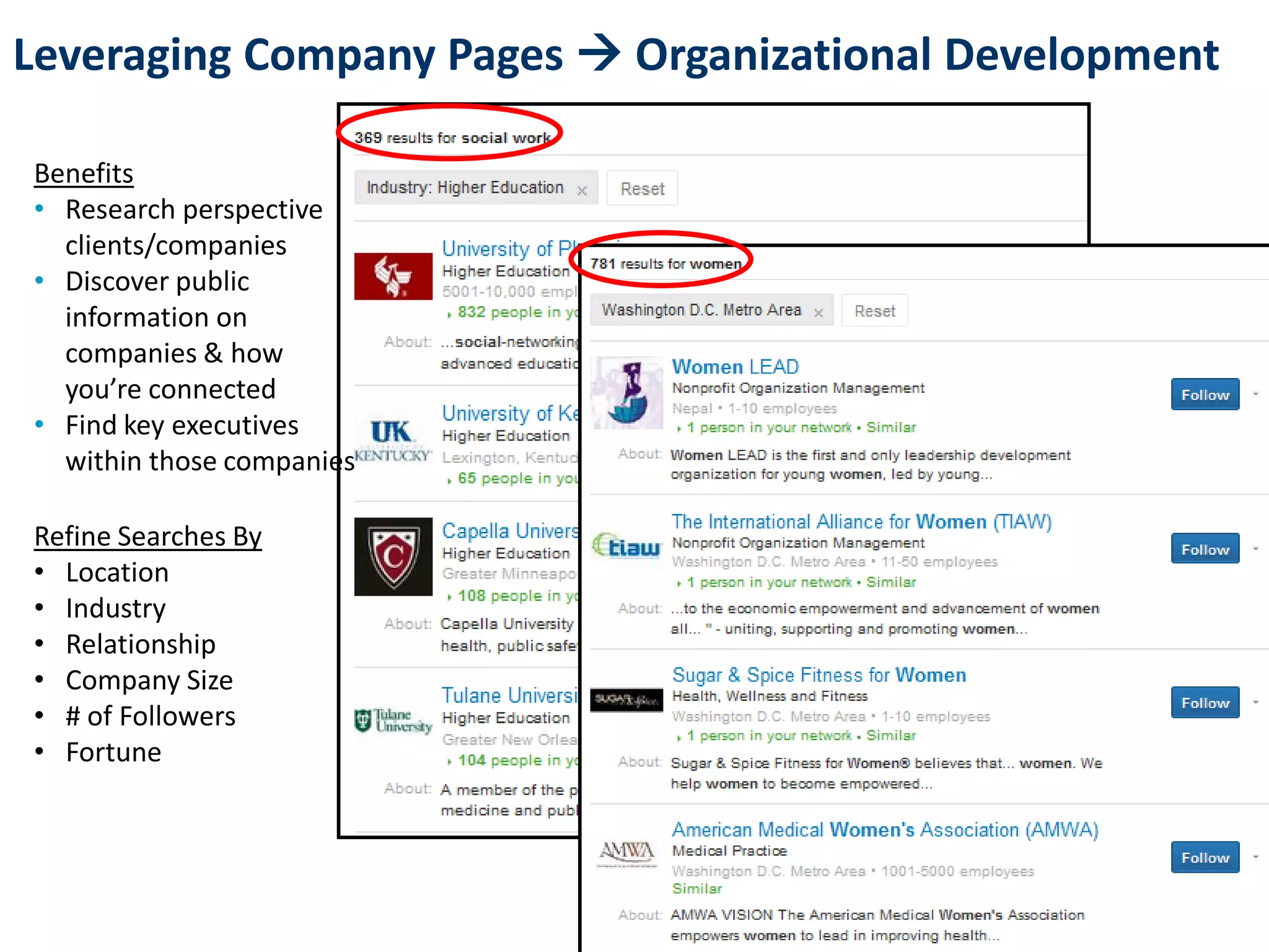 Leveraging Company Pages  Organizational Development
Refine Searches By
• Location
• Industry
• Relationship
• Company Size
• # of Followers
• Fortune
Benefits
• Research perspective
clients/companies
• Discover public
information on
companies & how
you’re connected
• Find key executives
within those companies
42
 